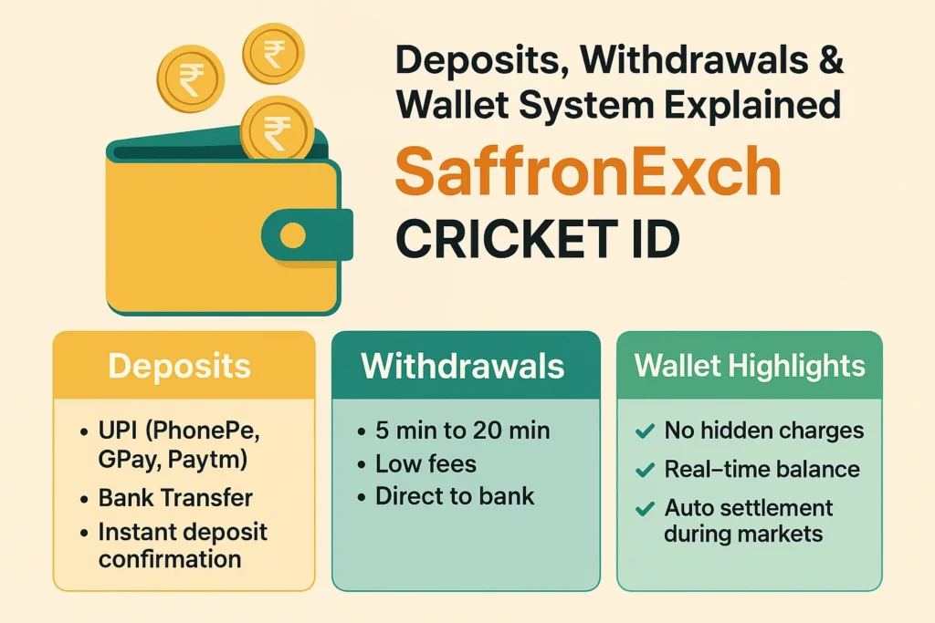 SaffronExch Cricket ID deposits withdrawals wallet system infographic