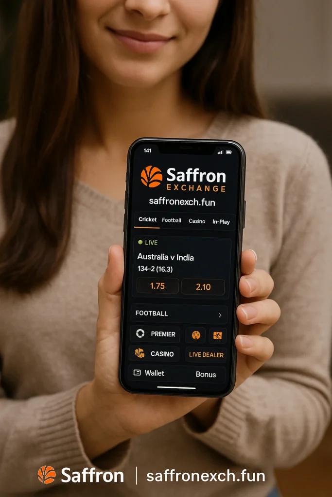 Saffron Exchange App UI preview on mobile showing betting dashboard 2025