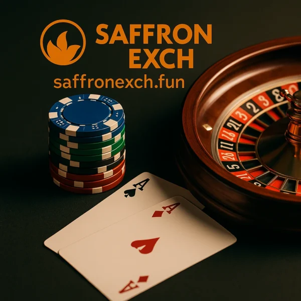 SaffronExch.fun casino gaming image with saffron logo, roulette wheel, poker chips and cards.