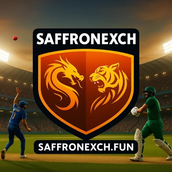 SaffronExch dragon tiger cricket logo 2025 with stadium background and saffronexch.fun branding