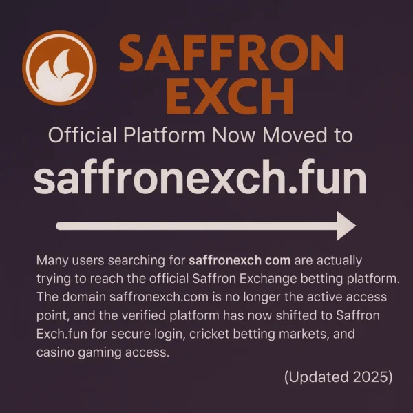 “SaffronExch official logo with domain update from saffronexch.com to saffronexch.fun (2025)”