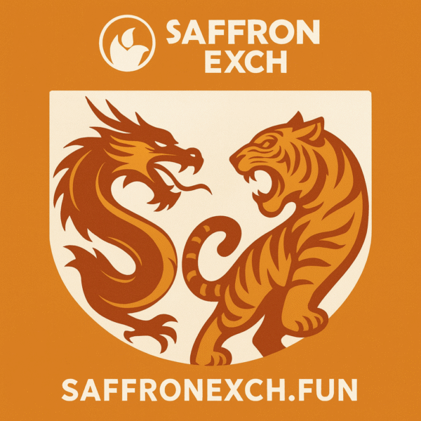 SaffronExch Dragon Tiger Logo 2025 in saffron color with bold branding and saffronexch.fun URL