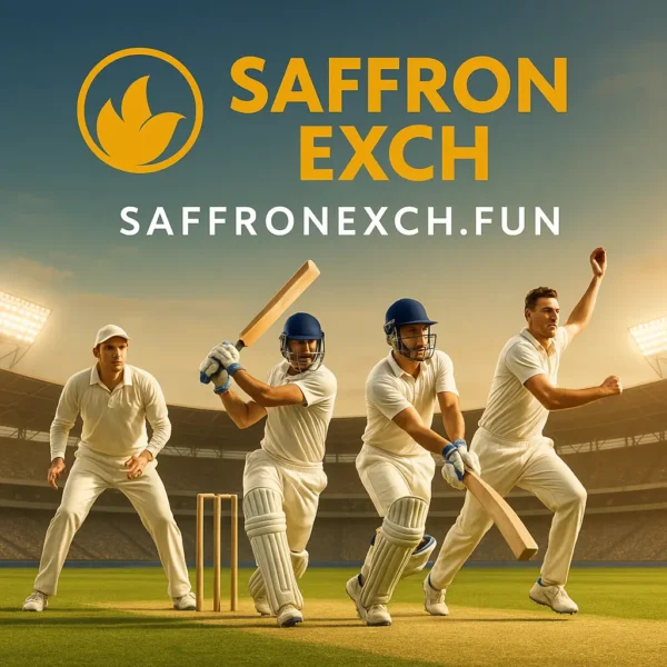 SaffronExch ID cricket stadium image with players, batsmen, fielders and saffronexch.fun logo.