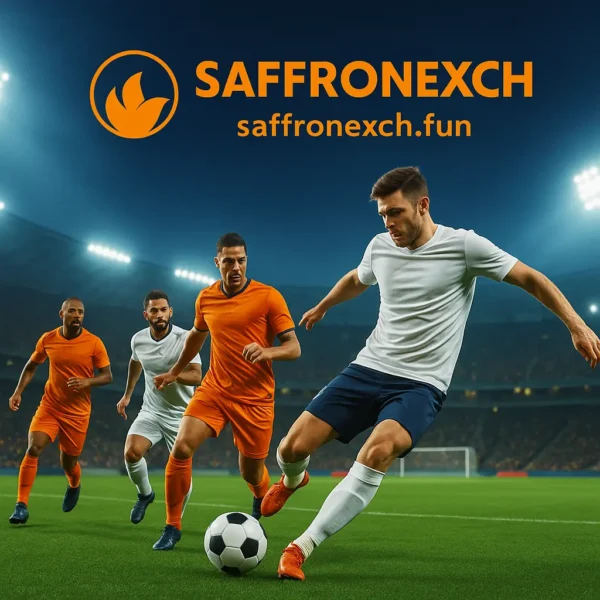 SaffronExch ID football stadium image with players running on field and saffronexch.fun logo.