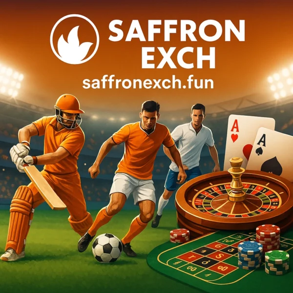 SaffronExch ID mixed sports image showing cricket player, football action and casino table with saffronexch.fun branding.