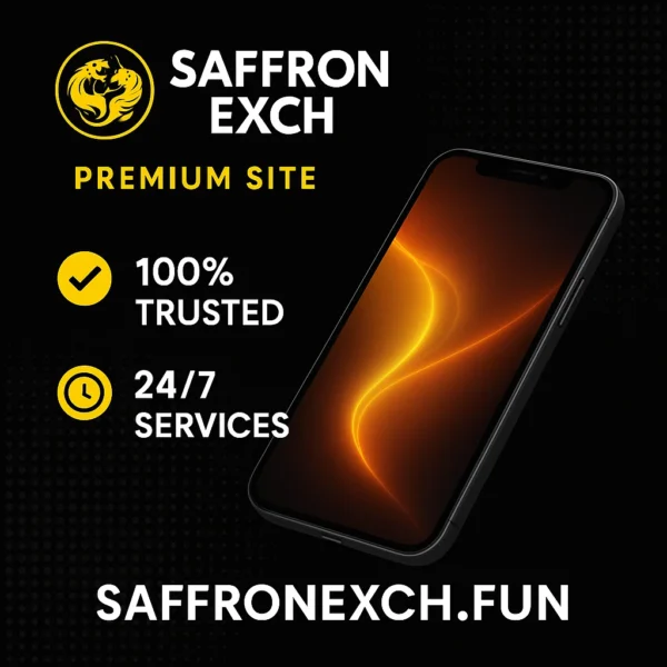 SaffronExch premium promo banner with saffron logo, phone mockup and saffronexch.fun branding