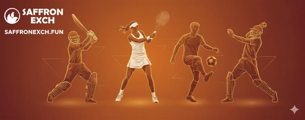 SaffronExch themed sports graphic showing cricket, tennis, and football players in orange background
