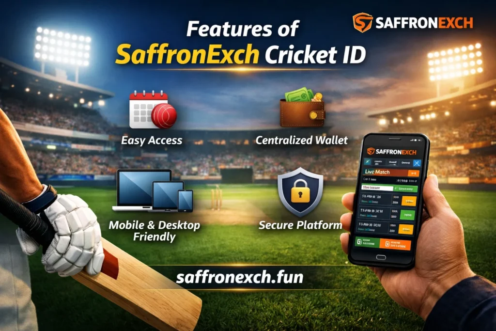 Features of SaffronExch cricket ID showing easy access secure wallet and mobile friendly betting platform