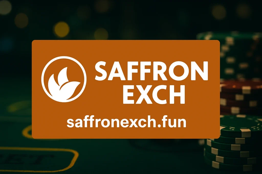 Saffron Exch ID official logo with casino background showing saffronexch.fun branding