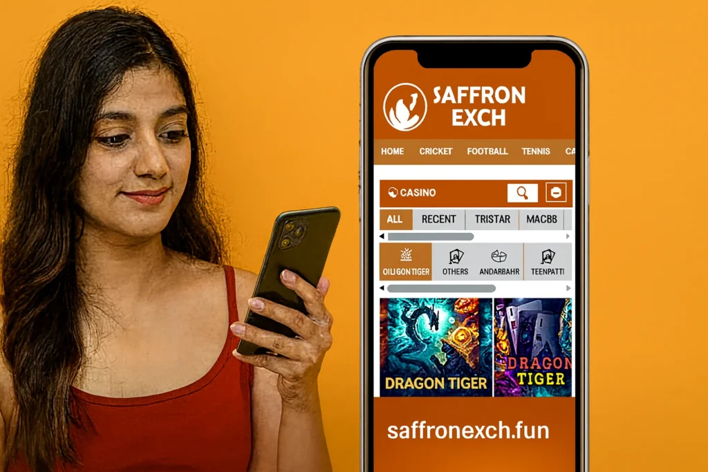 Saffron Exchange app casino interface shown on mobile phone with Dragon Tiger game on saffronexch.fun