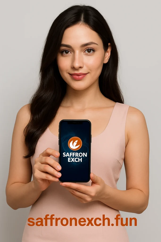 Saffron Exchange app showing live cricket, football and casino games on mobile phone interface