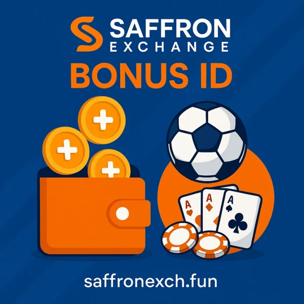 Saffron Exchange bonus ID image showing football betting and rummy casino games on saffronexch.fun