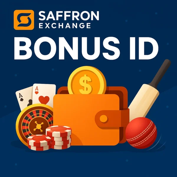 Saffron Exchange bonus ID banner showing cricket and casino betting offers