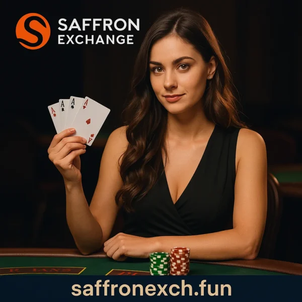 Saffron Exchange bonus ID image showing a woman holding playing cards at a casino table on saffronexch.fun