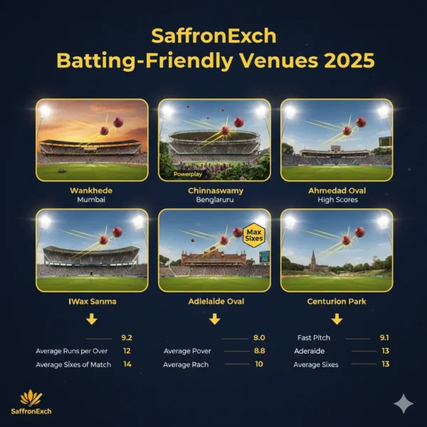 SaffronExch batting-friendly venues 2025 showing high scoring cricket stadiums for upcoming matches