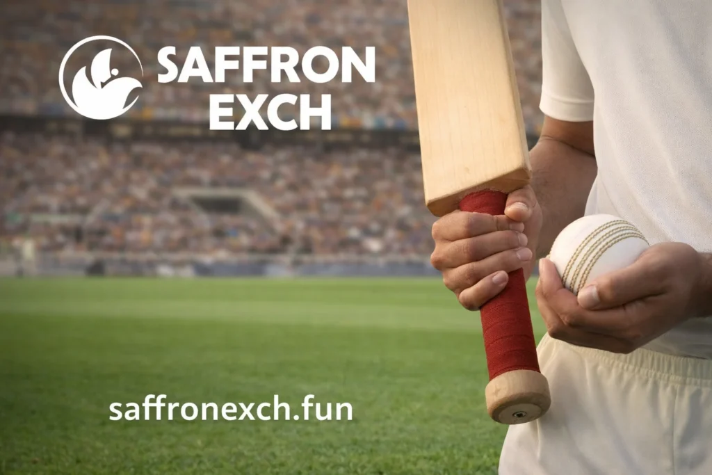 SaffronExch cricket ID image showing a cricket player holding bat and ball inside a stadium