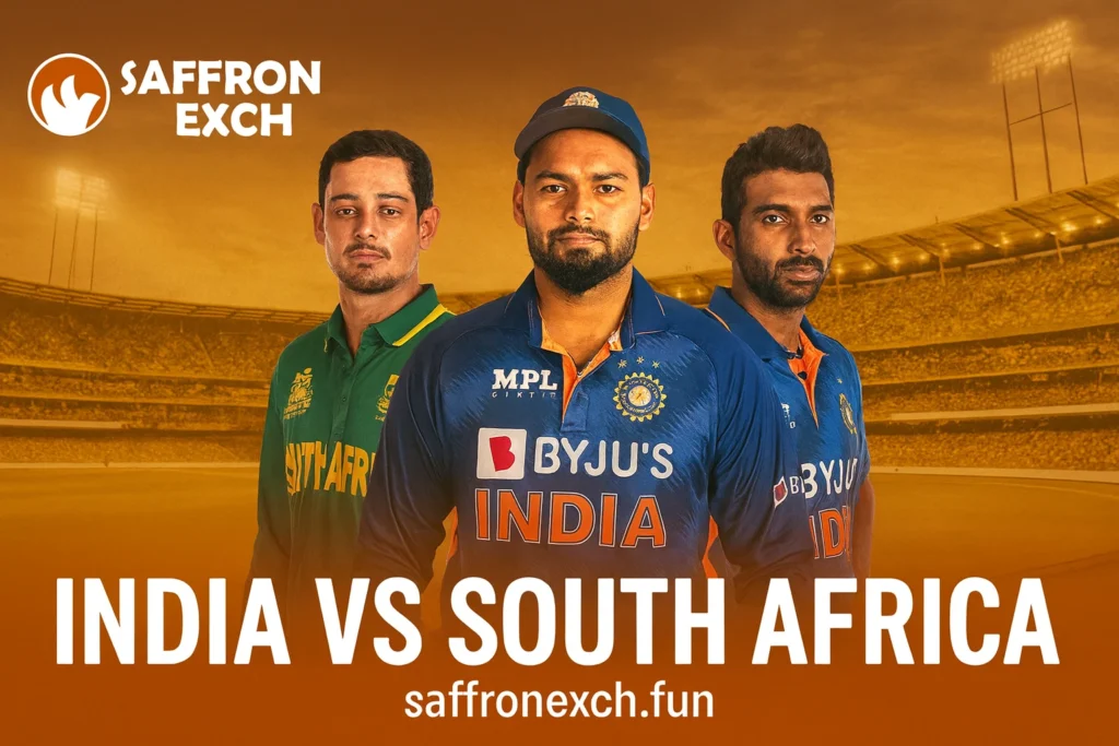 SaffronExch India vs South Africa T20 2025 match graphic with cricket stadium and star players on saffronexch.fun