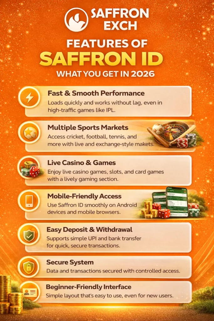 Features of Saffron ID 2026 showing fast performance, sports markets, live casino, mobile access and secure system
