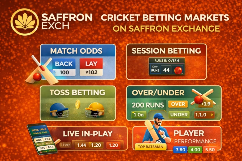 Cricket betting markets on Saffron Exchange including match odds, session betting, and live in-play