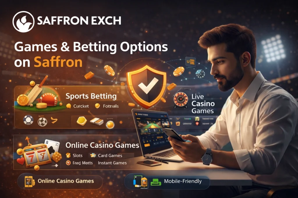 Games and betting options on Saffron EXCH including cricket betting, live casino and online casino games