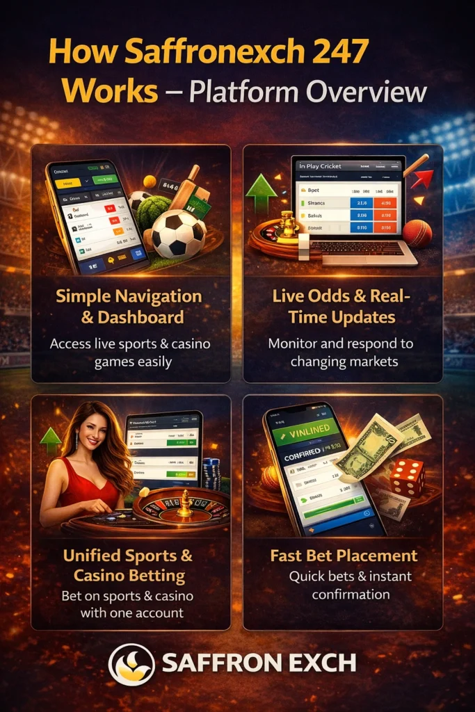 How Saffronexch 247 works showing platform overview with simple navigation, live odds, unified sports and casino betting, and fast bet placement