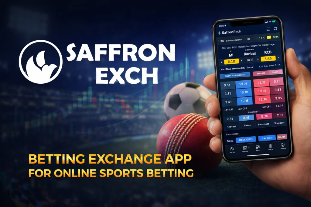 SaffronExch app betting exchange interface showing live cricket and football markets