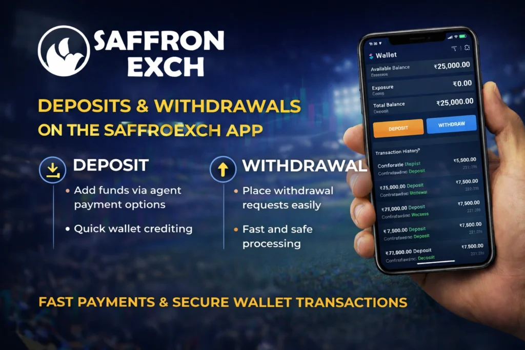 SaffronExch app wallet showing deposits and withdrawals with fast and secure transactions