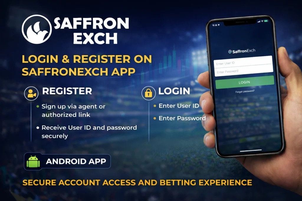 SaffronExch app login and registration screen showing secure user ID and password access