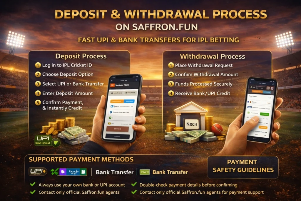 IPL Cricket ID deposit and withdrawal process on Saffron.fun with fast UPI and bank transfer payments