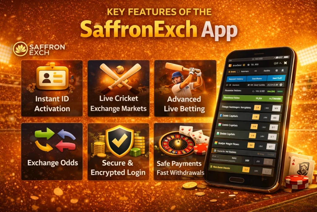 Key features of the SaffronExch app including instant ID activation, live cricket exchange, secure login, and fast withdrawals