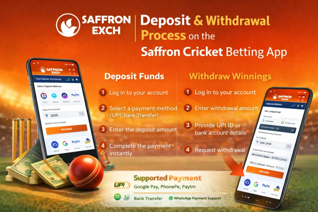 Deposit and withdrawal process on the Saffron Cricket Betting App showing UPI payments, fast deposits, and quick withdrawals in India