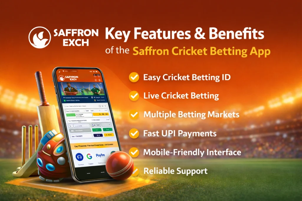 Key features of the Saffron Cricket Betting App including live cricket betting, easy cricket betting ID, fast UPI payments, and mobile-friendly interface