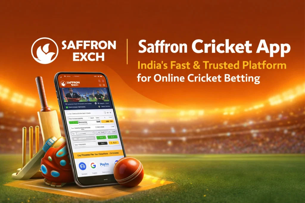 Saffron Cricket Betting App interface showing live cricket betting with fast UPI deposits and secure online betting in India