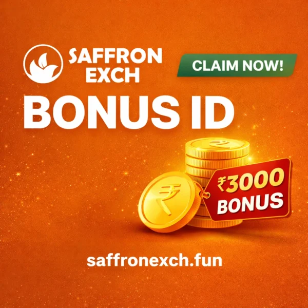 Saffron Exch Bonus ID 2025 showing welcome bonus offer on saffronexch.fun