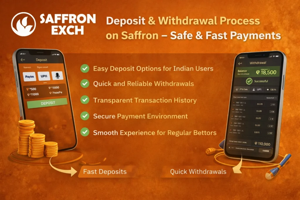Saffron Exch deposit and withdrawal process showing fast deposits, quick withdrawals, secure UPI payments, and transparent transaction history in India