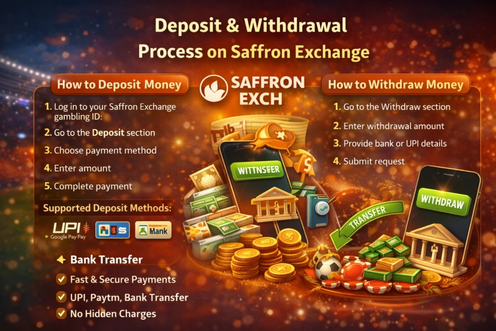 Deposit and withdrawal process on Saffron Exchange with UPI, bank transfer, fast payouts, and secure online gambling payments in India
