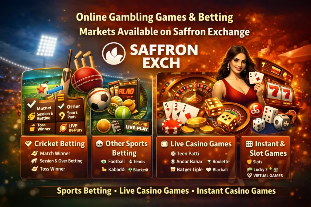 Online gambling games and betting markets on Saffron Exchange including cricket betting, live casino games, and instant slot games in India