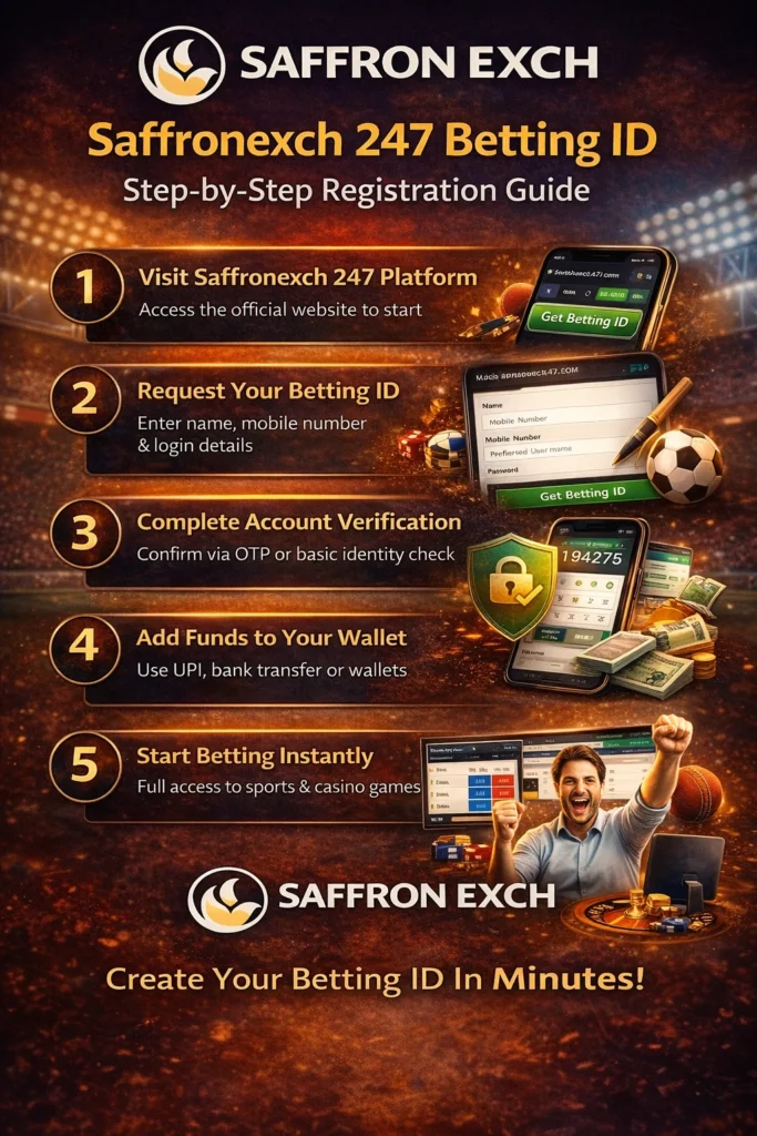 Saffronexch 247 betting ID step-by-step registration guide showing how to create an account, verify details, add funds, and start betting