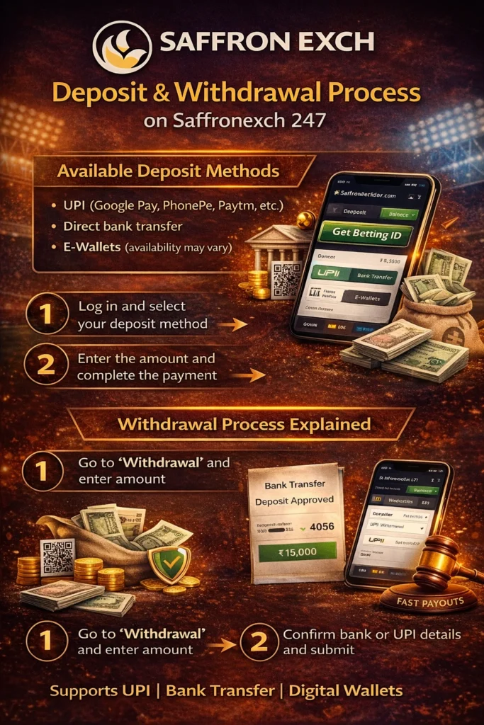 Saffronexch 247 deposit and withdrawal process showing UPI, bank transfer and digital wallet payment options with fast payouts