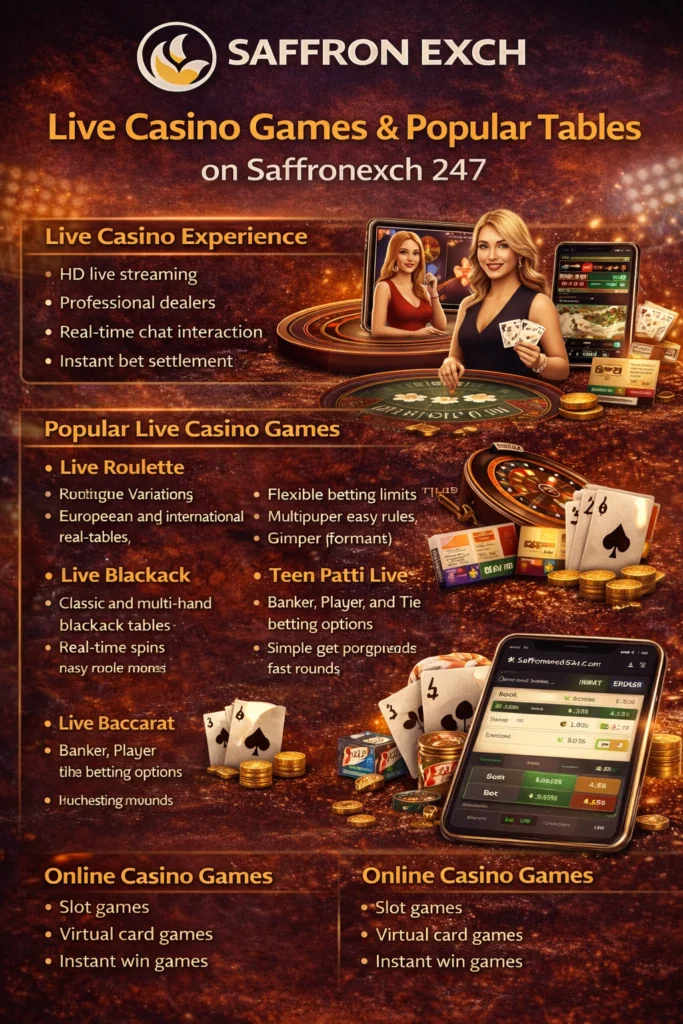 Live casino games on Saffronexch 247 showing roulette, blackjack, baccarat, teen patti and real-time dealer tables