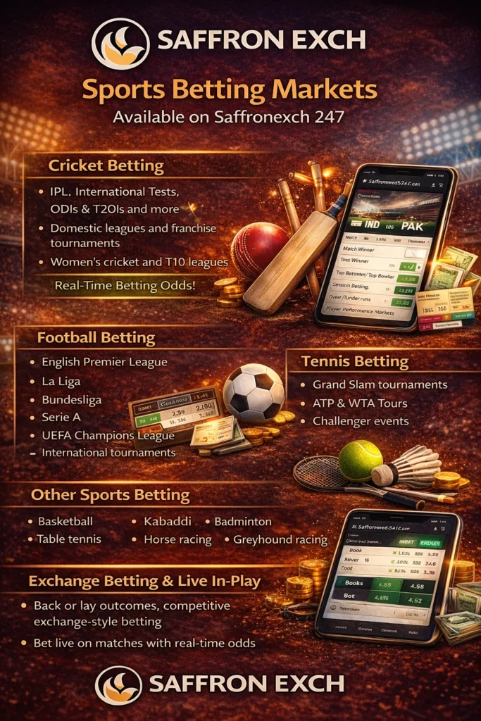 Sports betting markets on Saffronexch 247 showing cricket, football, tennis, exchange betting and live in-play odds