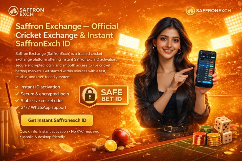 SaffronExch app with instant cricket exchange ID, live betting odds, and secure login on saffron background