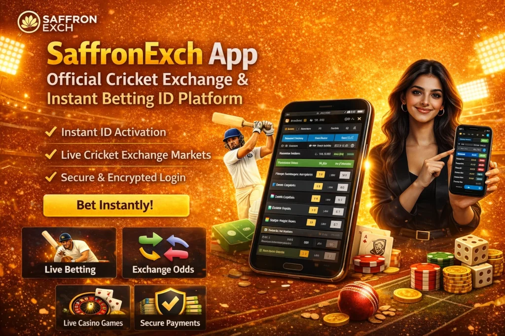 SaffronExchange App (SaffronExch App) showing live betting, exchange odds, live casino games, and secure payments