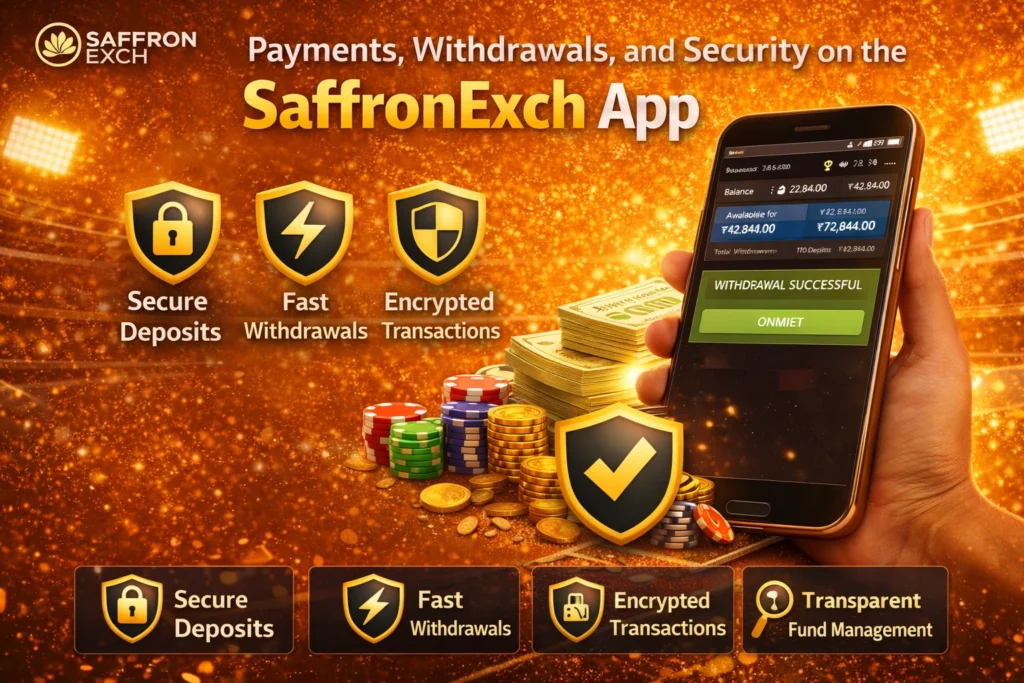 SaffronExch app showing secure deposits, fast withdrawals, and encrypted transactions on mobile
