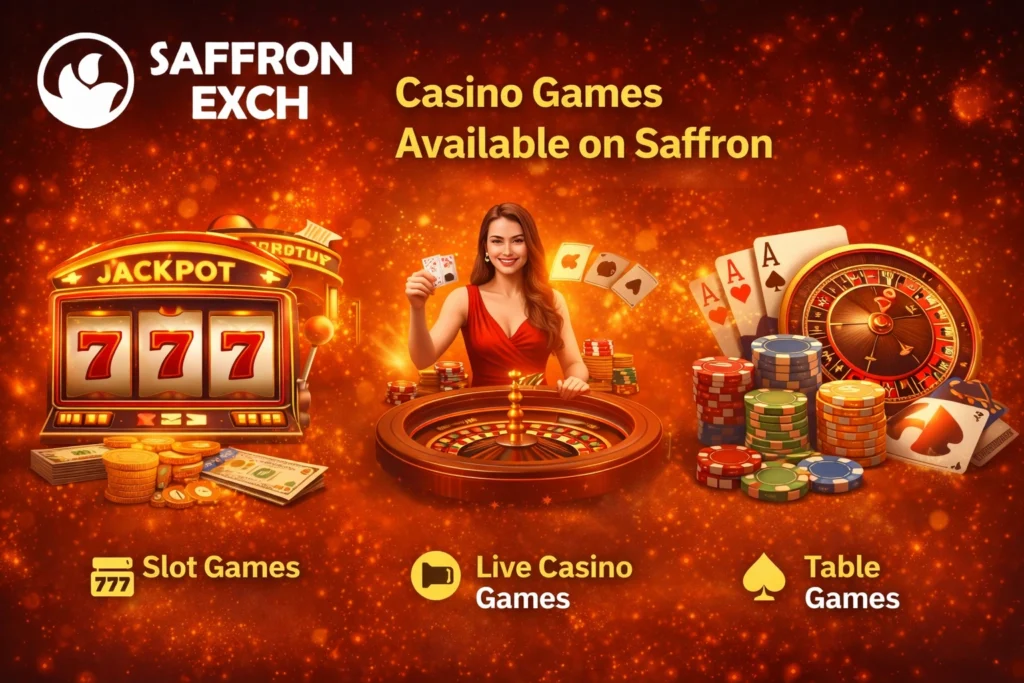Casino games available on Saffron including slot games, live casino, and table games
