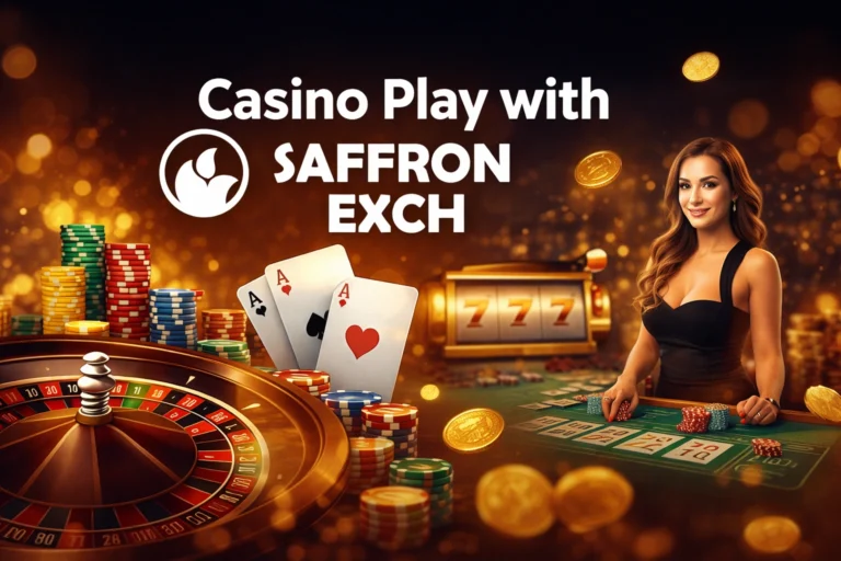 Casino play with SaffronExch online platform showing live casino games, roulette, poker chips and betting interface