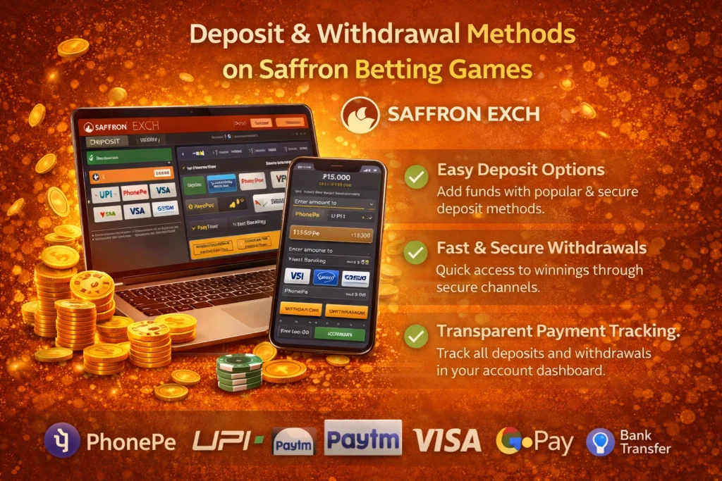 Deposit and withdrawal methods on Saffron Betting Games online betting platform