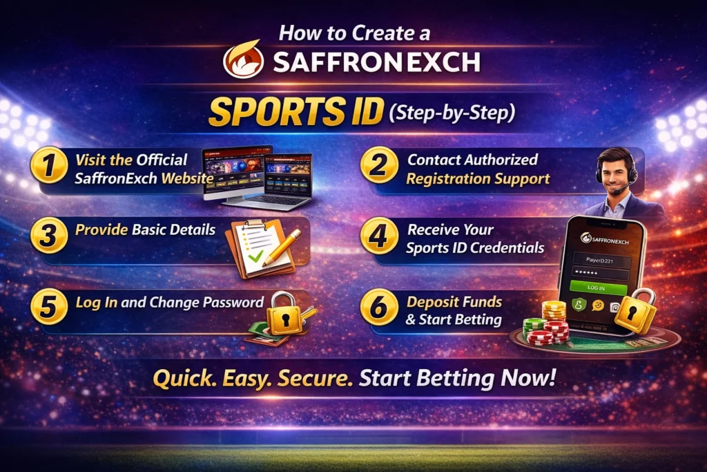 Step by step guide showing how to create a SaffronExch Sports ID with registration, login, deposit and betting process