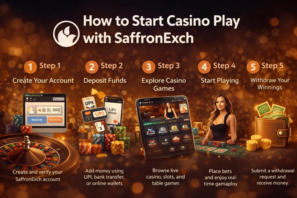 Step by step guide to start casino play with SaffronExch including account registration, deposit funds, play games and withdraw winnings
