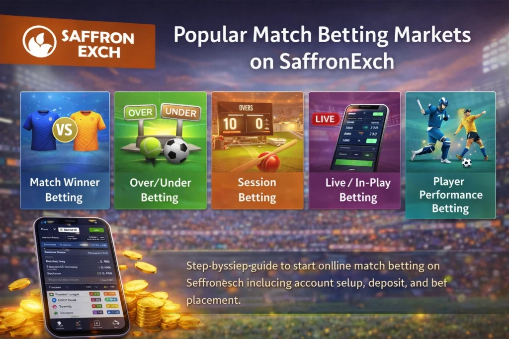Popular match betting markets on SaffronExch including match winner, over under, session betting, live betting, and player performance options